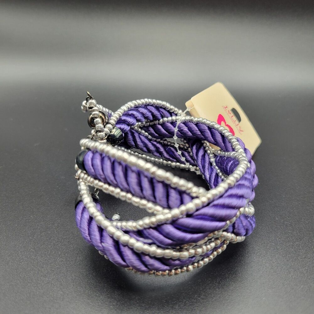 Love Lux OS Multi Strand Cuff Bracelet Women Purple Satin Cord Silver Beaded